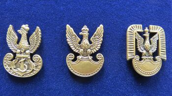 Przypinki nawiązujące do orłów wojskowych II Rzeczypospolitej. Od lewej: Marynarki Wojennej, wojsk lądowych i lotnictwa wojskowego.