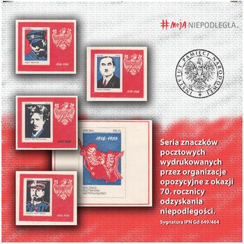 Plansza nr  14: Seria znaczków pocztowych wydrukowanych przez organizacje opozycyjne z okazji 70. rocznicy odzyskania niepodległości; IPN Gd 649/464