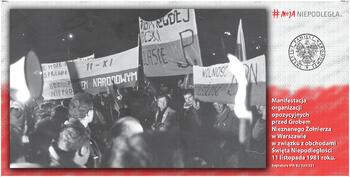 Plansza nr 18: Manifestacja organizacji opozycyjnych przed Grobem Nieznanego Żołnierza w Warszawie w związku z obchodami Święta Niepodległości, 11 XI 1981 r.; IPN BU 024/221