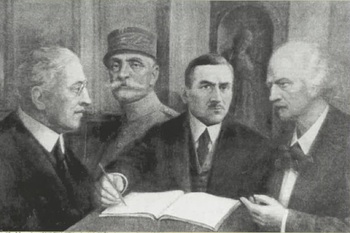 Prezydent Woodrow Wilson, marszałek Ferdinand Foch, Roman Dmowski i Ignacy Paderewski, obraz olejny Kazimierza Szmyta <i>Podpisanie układu wersalskiego</i>, 1923 r. Fot. Muzeum Niepodległości